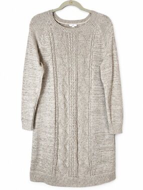 J. Jill Cable Knit Sweater Dress Large Petite Oatmeal Flecked Cotton Blend